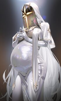  1girl black_veil bodysuit breast_curtains breasts capelet covered_face cowboy_shot dress english_text faceless faceless_female framed_breasts from_below from_side gloves goddess_of_victory:_nikke grey_bodysuit highres large_breasts long_hair nun nun_headdress own_hands_together pregnant shiny_clothes solo standing tight_clothes v.t.c._priestess_(nikke) veil veil_over_eyes very_long_hair white_capelet white_dress white_gloves white_hair yd_(orange_maru) 