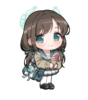 1girl airi_(blue_archive) bag black_shoes blue_archive blush brown_cardigan brown_hair cardigan chibi chibi_only closed_mouth commentary_request food full_body green_bag green_eyes green_halo green_ribbon green_sailor_collar hair_ribbon halo holding holding_food holding_ice_cream holding_ice_cream_cone ice_cream ice_cream_cone loafers long_hair long_sleeves looking_at_viewer low_twintails miniskirt pleated_skirt ribbon sailor_collar sailor_shirt school_uniform serafuku shirt shoes shoulder_bag simple_background skirt smile solo split_mouth thighhighs transparent_background twintails unadon_(unadoom) white_skirt white_thighhighs 
