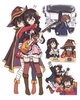  3girls alcohol anger_vein bandaged_leg bandages beer bird black_thighhighs blue_jacket blue_ribbon boots bow braid brown_footwear brown_hair cake chicken covering_ears crossover cup dress electric_guitar fingerless_gloves fold-over_boots food full_body gloves grey_skirt guitar hair_bow hair_ornament hairclip hat highres hirasawa_yui holding holding_cup holding_guitar holding_instrument hug hug_from_behind instrument instrument_case isekai_truck jacket k-on! knee_boots kono_subarashii_sekai_ni_shukufuku_wo! long_hair long_sleeves megumin motor_vehicle mug multiple_girls plate playing_guitar playing_instrument red_bow red_dress red_eyes red_thighhighs ribbon sakuragaoka_high_school_uniform school_uniform short_hair short_hair_with_long_locks sidelocks simple_background single_thighhigh skirt standing teacup thighhighs toyosaki_aki truck truffleduster voice_actor_connection white_background winter_uniform witch_hat yunyun_(konosuba) 