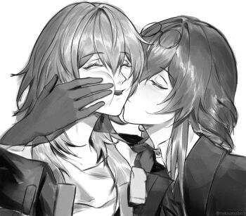  2girls closed_eyes collared_shirt commentary eyewear_on_head gloves greyscale hand_on_another&#039;s_face hashtag-only_commentary highres honkai:_star_rail honkai_(series) jacket kafka_(honkai:_star_rail) kiss kissing_cheek long_hair monochrome multiple_girls parted_lips rokibent shirt smile stelle_(honkai:_star_rail) sunglasses trailblazer_(honkai:_star_rail) yuri  rating:General score:7 user:danbooru