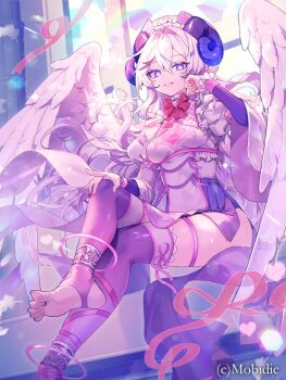  1girl blue_eyes bow bowtie breasts character_request commentary_request copyright_notice crossed_legs feathered_wings frilled_sleeves frills hair_intakes heart horns jewelry long_hair long_sleeves natsuiro_xx purple_thighhighs red_bow red_bowtie sheep_horns solo stirrup_legwear teikoku_senki thighhighs toe_ring toeless_legwear white_wings wings  rating:Sensitive score:1 user:danbooru