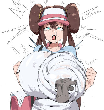  1boy 1girl alternate_breast_size angry bag blue_eyes breasts brown_hair citizen_k_(pngj5475) covered_erect_nipples crying crying_with_eyes_open dark-skinned_male dark_skin disembodied_hand double_bun grabbing_another's_breast groping hair_between_eyes hair_bun highres huge_breasts long_hair looking_at_viewer majestic_artsyle nintendo nipple_fingering nipple_stimulation nipple_stimulation_through_clothes nipple_tweak nipple_tweak_through_clothes poke_ball_print pokemon pokemon_bw2 rolling_eyes rosa_(pokemon) ryona shirt shoulder_bag tears twisting upper_body very_long_hair visor_cap white_shirt wide-eyed 