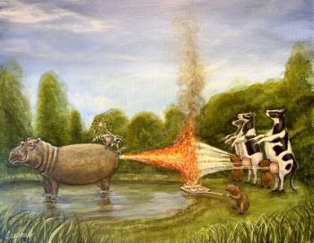  absurdres acrylic_paint_(medium) animal animal_focus artist_name capybara cloud commentary cow creme_brulee custard day english_commentary fire fireworks grass highres hippopotamus lake milk no_humans original outdoors painting_(medium) raccoon scenery signature sky smoke sparkler traditional_media travis_chapman tree water what 