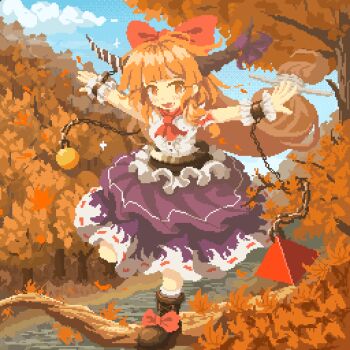  02charaice20 1girl absurdres ankle_socks autumn autumn_leaves blunt_bangs boots bow brown_boots chain cloud commentary cuffs day dithering falling_leaves fang footwear_bow frilled_wrist_cuffs frills full_body hair_bow highres horn_bow horn_ornament horn_ribbon horns ibuki_suika leaf light_blush long_hair long_sidelocks looking_at_viewer low-tied_long_hair maple_leaf maple_tree metal_belt multiple_hair_bows nature neckerchief on_tree open_mouth orange_eyes orange_hair orange_theme orb outdoors outstretched_arms pixel_art purple_bow purple_skirt pyramid_(geometry) red_bow red_neckerchief red_ribbon ribbon ribbon-trimmed_skirt ribbon_trim river shackles shirt sidelocks skin_fang skirt sky sleeveless sleeveless_shirt socks solo standing standing_on_branch standing_on_one_leg touhou tree two-tone_skirt very_long_hair white_ribbon white_shirt white_skirt white_socks white_wrist_cuffs wrist_cuffs 