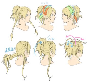  1girl arrow_(symbol) blonde_hair blue_eyes braid closed_mouth commentary_request cropped_head crown_braid facing_away final_fantasy final_fantasy_xv floating_hair how_to long_hair looking_to_the_side lunafreya_nox_fleuret mishio multiple_views parted_bangs ponytail solo twin_braids white_background 