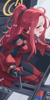  1girl absurdres blue_archive bodysuit bow breasts cockpit commentary gloves hair_bow halo highres kili_(happy_kili) lever long_hair looking_at_viewer official_alternate_costume open_mouth ponytail purple_eyes push-button red_gloves red_hair sidelocks sitting solo sweatdrop white_bow yuzu_(blue_archive) yuzu_(pilot_suit)_(blue_archive)  rating:Sensitive score:6 user:danbooru