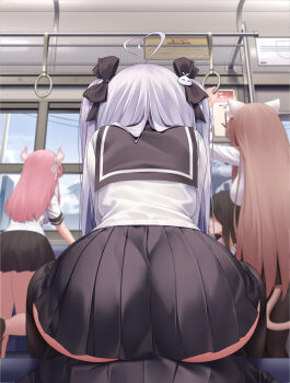  5girls absurdres ahoge animal_ears ass ass_focus black_hair black_pantyhose black_ribbon black_skirt black_thighhighs brown_hair cat_ears day from_behind hair_ornament hair_ribbon highres horns kurohanya_(niliu_chahui) large_variant_set long_hair long_sleeves multiple_girls niliu_chahui original pantyhose pink_hair pink_horns pleated_skirt ribbon school_uniform serafuku shirt sitting sitting_on_person skirt thighhighs tokisaki_mio_(niliu_chahui) train_interior variant_set white_hair white_serafuku white_shirt yuri  rating:Sensitive score:49 user:danbooru