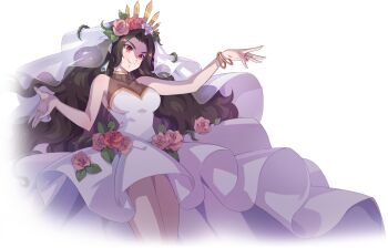  1girl alpha_transparency artist_request bare_arms bare_shoulders blue_gemstone bracelet breasts character_request closed_mouth cropped_legs curtained_hair dress dress_flower earrings flower gem gold_bracelet gold_collar gold_tiara hair_flower hair_ornament highres jewelry large_breasts leaf lips long_hair narrow_waist nexon official_art open_hands pink_flower pink_rose plant red_eyes rose second-party_source see-through_clothes see-through_veil simple_background smile solo tales_weaver tiara transparent_background v-shaped_eyebrows veil very_long_hair vines wavy_hair wedding_dress white_dress white_flower white_rose white_veil 