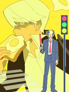  2boys adachi_tooru arm_at_side black_hair black_jacket bread bread_slice collared_shirt egg_(food) food food_in_mouth food_on_head grey_jacket grey_pants highres jacket jitome long_sleeves looking_at_viewer male_focus mouth_hold multiple_boys narukami_yu necktie object_on_head pants persona persona_4 red_necktie shirt short_hair sideburns toast toast_in_mouth traffic_baton traffic_light xinjinjumin097703276459 yellow_background 