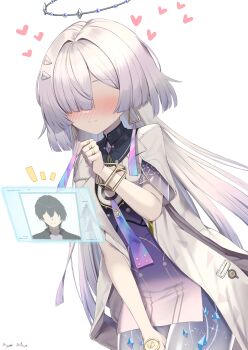  1girl absurdres artist_name ayumi_aotr_a blush closed_mouth commentary cowboy_shot dress earrings grey_hair hair_intakes hair_ornament hair_over_one_eye halo hand_up heart highres holographic_interface jacket jewelry leaning_forward long_hair male_rover_(wuthering_waves) mornye_(wuthering_waves) no_eyes nose_blush purple_dress rover_(wuthering_waves) see-through_body simple_background smile solo triangle_earrings white_background white_jacket wuthering_waves 