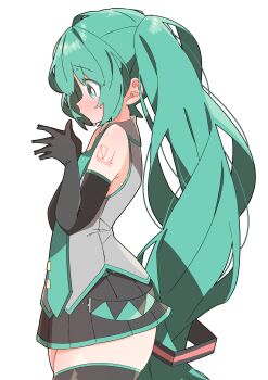  1girl absurdres aqua_eyes aqua_hair aqua_necktie black_gloves black_skirt black_thighhighs blush bright_pupils commentary cowboy_shot elbow_gloves from_side gloves grey_shirt hair_between_eyes hair_ornament hatsune_miku highres long_hair looking_down miniskirt necktie number_tattoo own_hands_together pleated_skirt profile red_tattoo shirt shoulder_tattoo simple_background skindentation skirt solo steepled_fingers tattoo thighhighs thighs tie_clip twintails uruti_2388 vocaloid white_background white_pupils 