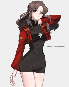  1girl 2024 artist_name black_dress brown_eyes brown_hair cosplay cross cross_necklace dated dress female_focus gundam gundam_seed hand_on_own_neck highres ing'yeo_soyeo jacket jewelry katsuragi_misato katsuragi_misato_(cosplay) long_hair mitsuishi_kotono murrue_ramius necklace neon_genesis_evangelion red_jacket solo voice_actor_connection white_background 