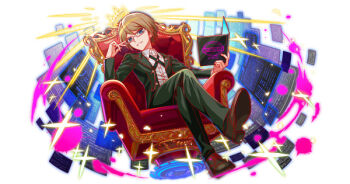  1boy blonde_hair blue_eyes book brown_shoes buttons chair coat colorful crash_fever crown danganronpa_(series) from_below gold_crown green_coat green_pants holding holding_book looking_at_viewer official_art on_chair pants promotional_art shoes shrug_(clothing) sitting smug solo third-party_source togami_byakuya white_shrug 