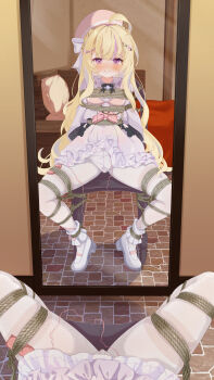  1girl absurdres ahoge arms_behind_back bdsm bed bed_sheet bedroom blonde_hair blush bondage bound bound_ankles bound_arms bound_calves bound_legs bound_torso bow bowtie braid breasts brick_floor brooch chair chair_bondage chair_tied character_request clitoral_stimulation clothes_lift collar commission dress dress_lift egg_vibrator embarrassed female_focus forced_orgasm frilled_collar frilled_dress frilled_skirt frills hair_ornament hair_ribbon hairclip hamuta_(machosbrown) hat highres indoors jewelry layered_dress layered_skirt legs_apart long_hair looking_ahead looking_at_mirror looking_at_viewer mirror mouth_hold multicolored_dress multicolored_hair multicolored_skirt original panties pantyhose pillow pink_bow pink_bowtie pink_dress pink_eyes pov purple_dress purple_hair reflection remote_control_vibrator ribbon rope sex_toy shibari shibari_over_clothes shoes skeb_commission skin_tight skindentation skirt skirt_lift small_breasts solo spread_legs surprised sweat sweatdrop two-tone_hair underwear variant_set very_long_hair vibrator vibrator_cord vibrator_in_thigh_strap vibrator_under_clothes vibrator_under_panties white_panties white_pantyhose 