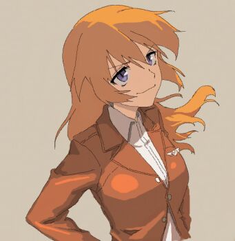  1girl bad_id bad_pixiv_id charlotte_e._yeager collared_shirt female_focus light_smile long_hair long_sleeves looking_up military military_uniform oekaki orange_hair purple_eyes shiratama_(hockey) shirt simple_background solo strike_witches wind world_witches_series  rating:General score:6 user:danbooru