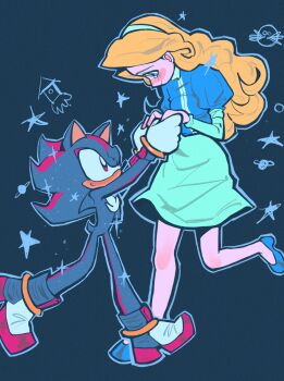  1boy 1girl aqua_dress aqua_hairband blonde_hair blue_background blue_eyes blue_jacket blue_shoes blush breasts commentary cropped_jacket dancing dr._eggman dress full_body furry furry_male furry_with_non-furry gloves hairband happy_tears hedgehog_boy highres holding_hands interspecies jacket long_hair looking_at_another maria_robotnik medium_breasts puffy_short_sleeves puffy_sleeves red_eyes rocket saturn_(planet) shadow_the_hedgehog shoes short_sleeves smile sonic_(series) tears untranslatable_commentary vafourstar white_gloves 