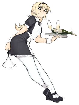  1girl absurdres alcohol alternate_costume apron black_dress black_hairband black_shoes blonde_hair brown_eyes champagne champagne_bottle champagne_flute crossed_legs cup dress drinking_glass duster enmaided frown full_body furrowed_brow hairband highres hira_(yirtios) holding holding_duster holding_tray leaning_forward light_blush long_hair maid maid_apron mary_janes original pantyhose pointy_ears semi-rimless_eyewear shoes short_dress short_sleeves solo spilling standing sweatdrop tray watson_cross white_apron white_pantyhose wrist_cuffs yirtios 