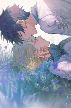  2boys beads blue_hair closed_eyes earrings ensemble_stars! facing_another fingernails flower from_side grass green_hair highres jabe0000 jewelry long_sleeves lying male_focus multiple_boys nail_polish official_alternate_costume on_back parted_lips purple_flower ring sazanami_jun short_hair tomoe_hiyori upper_body verite_(ensemble_stars!) yaoi yellow_eyes 