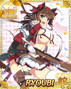  1girl :d ahoge bikini black_ribbon blue_eyes border bow breasts brown_hair card_(medium) character_name coat confetti cropped_coat game_cg garter_straps gloves green_eyes gun hair_bow hair_ribbon hairband heterochromia holster large_breasts leaning_forward long_hair looking_at_viewer low_twintails midriff miniskirt navel official_art open_clothes open_coat open_mouth pouch red_bow red_hairband red_shrug ribbon rifle ryoubi_(senran_kagura) senran_kagura senran_kagura_new_wave shrug_(clothing) skirt smile sniper_rifle solo swimsuit thigh_holster thighhighs third-party_source twintails very_long_hair weapon white_bikini white_garter_straps white_gloves white_thighhighs 