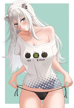  1girl :/ absurdres animal_ear_fluff animal_ear_piercing animal_ears black_panties blush breasts cleavage commentary cowboy_shot double-parted_bangs grey_eyes grey_hair hair_between_eyes head_tilt highres hololive large_breasts lion_ears lion_girl long_hair long_hair_between_eyes looking_at_viewer messy_hair mino_(miiiinon611) no_pants official_alternate_costume official_alternate_hairstyle panties shirt shishiro_botan shishiro_botan_(midnight_convenience_store) side-tie_panties sidelocks single_bare_shoulder solo strap_pull string_panties t-shirt underwear virtual_youtuber white_shirt 