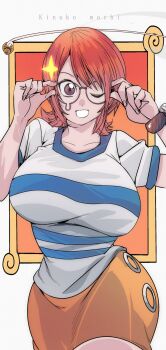  1girl adjusting_eyewear artist_name bracelet breasts brown_eyes collarbone commentary cowboy_shot glasses glint highres jewelry kinakomochi_(user_vedc2333) large_breasts log_pose looking_at_viewer miniskirt nami_(one_piece) one_eye_closed one_piece orange_hair shirt short_hair short_sleeves skirt solo straight-on teardrop-framed_glasses untranslatable_commentary white_shirt wide_hips yellow_skirt 