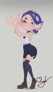  1girl blue_hair blush chainsaw_man full_body grey_background hair_over_one_eye hands_up looking_to_the_side necktie nintendo octoling red_eyes reze_(chainsaw_man) reze_(chainsaw_man)_(cosplay) shirt shiver_(splatoon) shoes shorts solo splatoon_(series) splatoon_3 tentacle_hair thighhighs white_shirt zhang_tian57284 