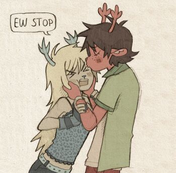  >_< 1boy 1girl aged_down animal_ears antlers arm_warmers bare_shoulders blonde_hair blue_nails blue_shirt blue_shorts breasts brown_hair brown_pants carol_holiday closed_eyes colored_pencil_(medium) commentary deer_antlers deer_boy deer_ears deer_girl deltarune english_commentary english_text furry furry_female furry_male grabbing_another's_arm graphite_(medium) green_jacket hands_on_another's_cheeks hands_on_another's_face highres horns jacket kiss kissing_forehead long_hair medium_hair midriff open_clothes open_jacket pants rudolph_holiday shirt shorts sleeveless sleeveless_shirt small_breasts speech_bubble striped_arm_warmers szivarvanyturmix02 traditional_media utdr_(toby_fox) white_shirt  rating:General score:1 user:danbooru