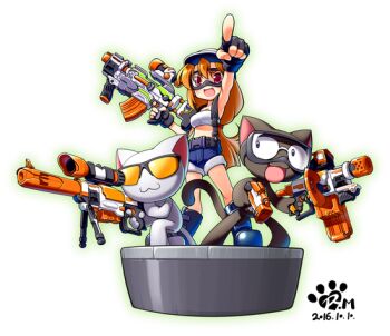  1girl 2016 bad_id bare_arms bipod black-framed_eyewear black_cat black_eyes black_fur black_gloves black_tail blue_boots blue_shorts boots border breasts buckle cat closed_mouth commentary_request dated denim denim_shorts faux_figurine fewer_digits fingerless_gloves full_body glasses gloves goggles green_border gun hair_between_eyes hat kneeling korean_commentary legs_apart long_hair looking_at_another low-tied_long_hair medium_breasts midriff nerf nerf_gun orange_hair pointing ponytail red_eyes rifle rimless_eyewear roadmaxter round_eyewear scope shorts signature simple_background smile snap-fit_buckle sniper_rifle standing strapless sunglasses tinted_eyewear tongue tube_top weapon white_background white_cat white_fur white_hat white_tube_top yellow-tinted_eyewear 