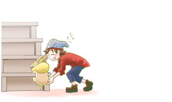  1boy =_= animal_ears beanie blue_pants blush brown_shoes chamaji closed_eyes commentary_request dog dog_ears fangs gen_8_pokemon hanging_on hat helping highres nintendo open_mouth pants pokemon pokemon_(creature) pokemon_swsh red_shirt shirt shoes simple_background sleeves_rolled_up stairs tongue tongue_out translated victor_(pokemon) white_background yamper 