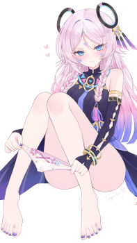  1girl absurdres barefoot blue_eyes braid breasts citlali_(genshin_impact) commentary_request facial_mark feet floating_headgear forehead_mark genshin_impact gradient_hair headgear highres light_blush long_hair looking_at_viewer medium_breasts multicolored_hair panties panty_pull pink_hair purple_hair ring_hair_ornament solo triangle triangle_facial_mark tsuyuri_eri twin_braids underwear white_background 
