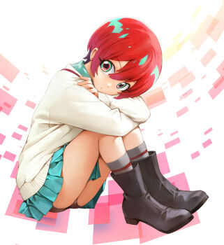 1girl amate_yuzuriha aqua_eyes black_boots black_panties blue_skirt boots cardigan commentary_request crossed_arms expressionless full_body gundam gundam_gquuuuuux hugging_own_legs knees_to_chest knees_up looking_at_viewer miniskirt panties pantyshot pleated_skirt red_hair short_hair skirt socks solo sweater thighs underwear unno_hotaru rating:Sensitive score:14 user:danbooru