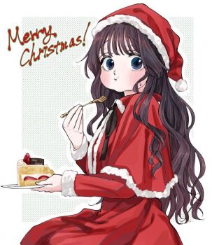  1girl :t blue_eyes brown_hair cake cake_slice capelet christmas commentary_request dress eating food fork from_side gold_fork hat holding holding_fork holding_plate kaoru_hana_wa_rin_to_saku long_hair long_sleeves looking_at_viewer merry_christmas mikami_saka plate red_capelet red_hat santa_costume santa_dress santa_hat second-party_source solo waguri_kaoruko 