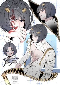  1boy absurdres animal arm_up black_hair blood blood_in_hair blood_on_face blunt_bangs blunt_ends bruno_bucciarati child cleavage_cutout clothing_cutout commentary doryun fish highres holding holding_animal holding_fish injury jacket jojo_no_kimyou_na_bouken looking_to_the_side multiple_views open_mouth short_hair sideways_glance sparkle symbol-only_commentary teeth unzipped upper_teeth_only vento_aureo watermark white_jacket wiping_face zipper zipper_pull_tab 