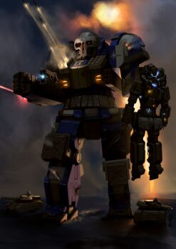  3boys absurdres armor atlas_(battletech) battle battletech bobot073 clenched_hands commentary electricity english_commentary full_body glowing glowing_eyes highres laser looking_at_viewer military_vehicle motor_vehicle multiple_boys rocket sky smoke standing tank weapon 