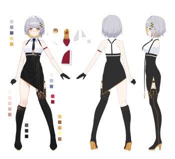  1girl asymmetrical_legwear bandaid bandaid_on_face bandaid_on_nose black_boots black_gloves black_necktie black_skirt blonde_hair boots breasts collared_shirt color_guide colored_inner_hair colored_shoe_soles commentary_request gloves grey_hair hachi_(live_union) hair_ornament highres izumi_sai live_union medium_breasts multicolored_hair multiple_views necktie official_art open_clothes reference_sheet second-party_source shirt shoe_soles short_hair simple_background skirt sleeveless sleeveless_shirt thigh_boots uneven_legwear virtual_youtuber white_background white_shirt yellow_eyes 