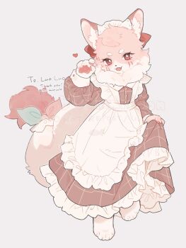  1girl animal_ear_fluff animal_ears apron aqua_bow arm_up body_fur bow bright_pupils brown_dress buttons commentary commission dress english_text fangs frilled_apron frilled_dress frills full_body furry furry_female gomafuto grey_background heart highres maid_headdress multicolored_bow neck_fur open_mouth original pawpads pink_bow plaid_clothes plaid_dress red_eyes short_eyebrows simple_background skeb_commission skirt_hold sleeve_cuffs solo tail tail_bow tail_ornament watermark 