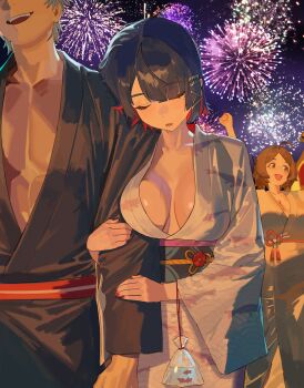  1boy 2girls absurdres aerial_fireworks bag bagged_fish black_hair black_kimono breasts brown_eyes brown_hair brown_kimono closed_eyes colored_inner_hair commentary drooling ellen_joe english_commentary festival fireworks fish goldfish grey_hair grey_kimono hair_ornament hairclip highres hintobento japanese_clothes kimono large_breasts locked_arms mole mole_under_eye monna_(zenless_zone_zero) multicolored_hair multiple_girls night obi obijime outdoors paid_reward_available print_kimono red_hair red_nails sash shark_girl shark_print sharp_teeth short_hair sleeping sleeping_on_person sleeping_upright smile teeth two-tone_hair wide_sleeves wise_(zenless_zone_zero) x_hair_ornament yukata zenless_zone_zero 