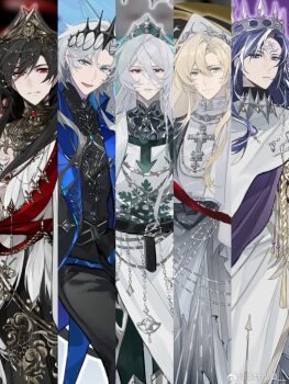  5boys :d aiguillette alkaid_mcgrath alkaid_mcgrath_(god_forsaken_land) aqua_eyes ayn_alwyn ayn_alwyn_(god_forsaken_land) belt black_belt black_cape black_gloves black_hair black_pants black_sash black_shirt blonde_hair blue_eyes blue_hair braid cael_anselm cael_anselm_(god_forsaken_land) cape chinese_commentary clarence_clayden clarence_clayden_(god_forsaken_land) clerical_collar cloak closed_mouth column_lineup commentary_request contrast_lapels cowboy_shot crescent crescent_facial_mark cross cross_earrings crown curtained_hair earrings expressionless eyeliner facial_mark forehead_mark gem gloves gold_collar gorget green_eyes green_veil grey_hair grey_sash hair_between_eyes hat head_chain highres jewelry lapels lars_rorschach lars_rorschach_(god_forsaken_land) long_hair long_hair_between_eyes long_sleeves looking_at_viewer lovebrush_chronicles makeup male_focus mandarin_collar mitre mole mole_under_eye multicolored_hair multiple_boys necklace notched_lapels official_alternate_hair_color open_mouth pants parted_lips plunging_neckline pointed_crown purple_cloak purple_eyes red_eyeliner red_eyes red_gem red_ribbon red_sash red_snake ribbon robe rosary sash see-through_clothes see-through_veil shirt shoulder_sash side_braid silver_necklace smile snowflake_print streaked_hair sweater_guard tiara tunic veil very_long_hair waist_sash wallet_chain watermark weibo_watermark white_cape white_cloak white_hair white_hat white_robe white_streaks white_tunic xuwu_xiao_mao 