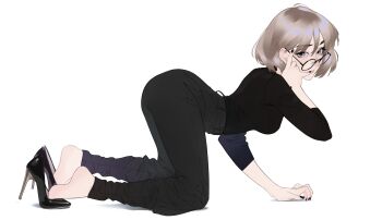  1girl all_fours ass black_nails black_pants black_shirt brown_eyes brown_hair clyankzz crawling feet from_side glasses hand_on_own_cheek hand_on_own_face high-waist_pants high_heels highres looking_at_viewer looking_to_the_side nail_polish original pants round_eyewear shirt short_hair simple_background soles solo thick_eyebrows white_background  rating:Sensitive score:10 user:danbooru