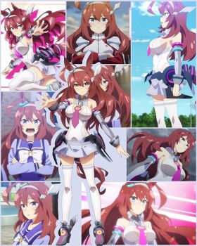 1girl ahoge angry animal_ears armored_boots blue_eyes blush boots bow breasts brown_hair brown_tail closed_mouth collarbone crossed_arms dot_nose ear_ornament elbow_gloves female_focus from_side full_body gloves grey_boots grey_gloves grey_leotard grey_shoes grey_skirt hairband highres horse_ears horse_girl horse_tail jacket kneehighs large_breasts legs leotard long_glove long_hair long_sleeves looking_at_viewer microskirt mihono_bourbon_(mb-19890425)_(umamusume) mihono_bourbon_(umamusume) navel neckerchief necktie no_bra official_art open_mouth outdoors pink_necktie purple_sailor_collar purple_serafuku red_jacket sailor_collar school_uniform screaming serafuku sexually_suggestive shoes sideboob silver_hairband skirt sleeveless socks solo solo_focus stitched tail teeth thighhighs thighs third-party_edit tight_clothes tracen_school_uniform tracen_training_uniform umamusume white_bow white_neckerchief white_thighhighs zettai_ryouiki