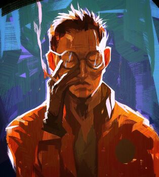  1boy backlighting black_hair bomber_jacket brown_gloves cigarette closed_eyes commentary disco_elysium english_commentary facing_viewer glasses gloves hand_on_own_face hand_up highres holding holding_cigarette jacket kim_kitsuragi male_focus orange_jacket p3stie portrait round_eyewear short_hair smoke smoke_trail solo 