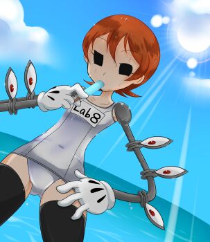  1girl animalorb_kirin animalorbkirin black_thighhighs cloud day dutch_angle extra_eyes eye_socket female_focus flat_chest food gloves hand_on_own_hip highres ice_cream lens_flare mechanical_arms navel ocean one-piece_swimsuit orange_hair outdoors peacock_(skullgirls) popsicle red_eyes school_swimsuit short_hair skullgirls sky solo sweat swimsuit thighhighs white_gloves white_one-piece_swimsuit white_school_swimsuit 