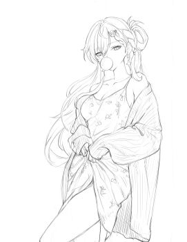  1girl alternate_costume bare_shoulders blowing_bubble_gum braid braided_bangs breasts cardigan chewing_gum cleavage collarbone commentary ddcc0123 dress earrings hair_ornament highres jewelry lineart long_hair looking_at_viewer lynae_(wuthering_waves) medium_breasts off_shoulder simple_background sketch skull_hair_ornament solo star_(symbol) star_earrings white_background wuthering_waves 