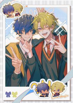  !? 2boys blue_hair chibi chibi_only collared_shirt commentary_request diagonal-striped_clothes diagonal-striped_necktie english_text ensemble_stars! green_hair hair_between_eyes highres male_focus multiple_boys necktie one_eye_closed pcal_pcal polaroid_photo robe sazanami_jun shirt short_hair smile striped_clothes sweater tomoe_hiyori v white_shirt yaoi 