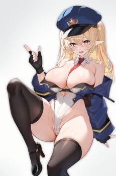  1girl absurdres arm_support bare_shoulders belt between_breasts black_belt black_gloves black_thighhighs blonde_hair blue_hat blue_jacket blush breasts chest_belt cleavage commentary_request detached_collar fingerless_gloves gloves gold_trim groin hair_between_eyes hand_up hat high_heels highleg highleg_leotard highres jacket large_breasts legs leotard long_hair long_sleeves looking_at_viewer multicolored_hair multicolored_leotard nakamura_nagare necktie necktie_between_breasts off_shoulder on_ground open_mouth original peaked_cap pointy_ears police police_hat police_uniform red_eyes red_hair red_necktie red_streaks sidelocks simple_background sitting smile solo star_(symbol) streaked_hair super_highleg thighhighs thighs two-tone_leotard two_side_up very_long_hair white_background white_leotard 