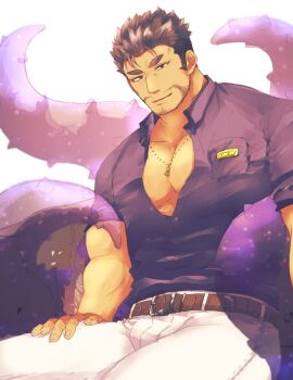  1boy arm_fins bara beard_stubble bone_color919 cowboy_shot dagon_(housamo) dark-skinned_male dark_skin facial_hair fins fish_boy highres large_pectorals looking_at_viewer male_focus mature_male medium_sideburns muscular muscular_male pectoral_cleavage pectorals protected_link seductive_smile short_hair sideburns_stubble smile solo stubble tentacles thick_thighs thighs tokyo_houkago_summoners 