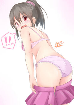  ! !! 1girl ass black_hair blush bra breasts cowboy_shot crotch_seam dated highres hori_yuko idolmaster idolmaster_cinderella_girls leaning_forward medium_breasts open_mouth panties ponytail red_eyes scrunchie shiredo side-tie_panties simple_background skirt speech_bubble spoken_exclamation_mark surprised underwear undressing  rating:Questionable score:26 user:Observer_Alpha