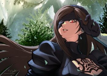  1girl 2b_(nier:automata) 2b_(nier:automata)_(cosplay) black_dress black_gloves black_visor blindfold blindfold_lift breasts brown_hair cleavage cleavage_cutout clothing_cutout cosplay dress earrings final_fantasy final_fantasy_vii final_fantasy_vii:_ever_crisis gloves highres jewelry juliet_sleeves large_breasts long_hair long_sleeves mochi_mangaka nier:automata nier_(series) official_alternate_costume outdoors parted_lips puffy_sleeves red_eyes solo swept_bangs tifa_lockhart tifa_lockhart_(battler_ensemble) turtleneck turtleneck_dress upper_body 