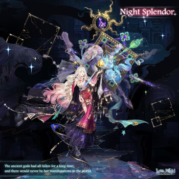  1girl artist_request black_background black_cape black_shoes blonde_hair blue_eyes cape character_name chest_jewel circlet closed_mouth colored_tips copyright_logo crop_top detached_sleeves english_text expressionless frilled_skirt frills full_body gold_circlet gold_necklace halo halo_behind_head jewelry lipstick logo long_hair long_skirt long_sleeves looking_at_object magic makeup miracle_nikki multicolored_hair necklace night_splendor_(miracle_nikki) nikki_(series) object_floating_above_hand official_art outstretched_hand pink_hair pink_shirt pleated_skirt puffy_long_sleeves puffy_sleeves red_cape red_eyes red_lips red_skirt reflective_floor ruins shirt shoes side_slit skirt solo sparkle standing strapless strapless_shirt third-party_source tile_floor tiles two-sided_cape two-sided_fabric very_long_hair wavy_hair white_hair white_shirt yellow_halo 