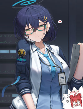  !? 2girls ^^^ ahoge aqua-framed_eyewear blue_archive blue_cardigan blue_hair blue_halo blue_necktie blue_sleeves blush breasts cardigan cellphone chihiro_(blue_archive) closed_mouth collarbone commentary cowboy_shot double_bun earrings glasses green_eyes hair_between_eyes hair_bun hair_ornament halo heart highres holding holding_tablet_pc id_card indoors jacket jewelry lanyard large_breasts lazb. maki_(blue_archive) multicolored_jacket multiple_girls necktie open_clothes open_mouth phone rabbit_hair_ornament red_hair red_halo semi-rimless_eyewear shirt short_hair sidelocks sleeves_rolled_up smartphone smile solo_focus spoken_heart standing stud_earrings tablet_pc talking_on_phone two-tone_jacket under-rim_eyewear white_jacket white_shirt 